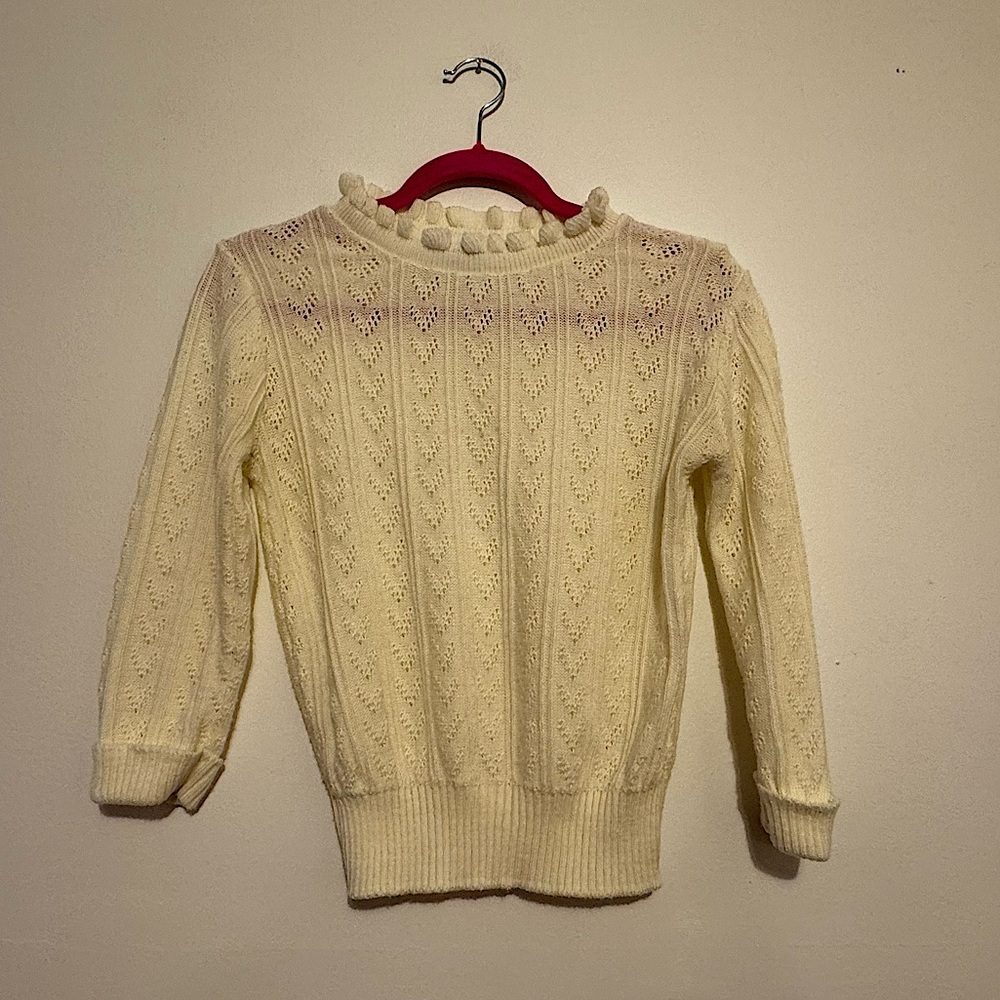 Vintage Deadstock Keneth Too Ivory Crochet Knit Heart Ruffle Neckline Sweater XS